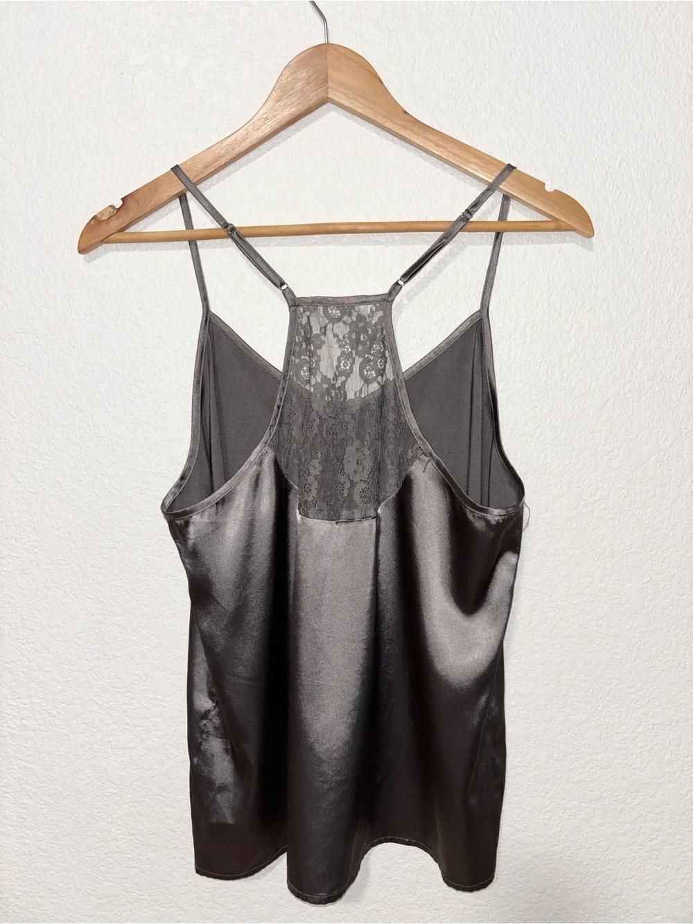 EKOUER Gray Satin Lace Cami & Shorts Pajama Set M